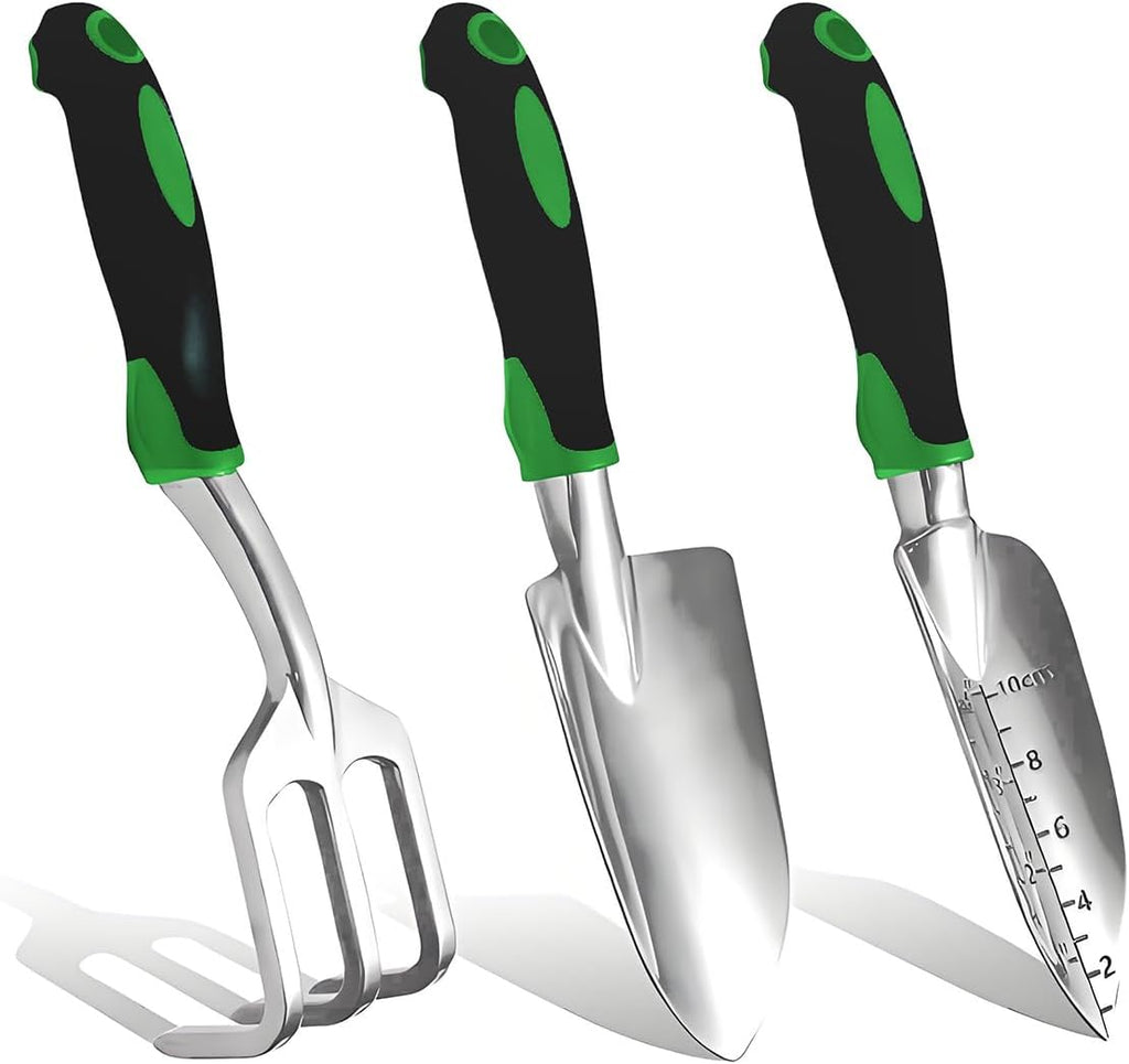 Garden Tools, Heavy Duty Cast-Aluminum Garden Tool Set with Hand Trowel, Transplant Trowel, Cultivator Rake, Soft