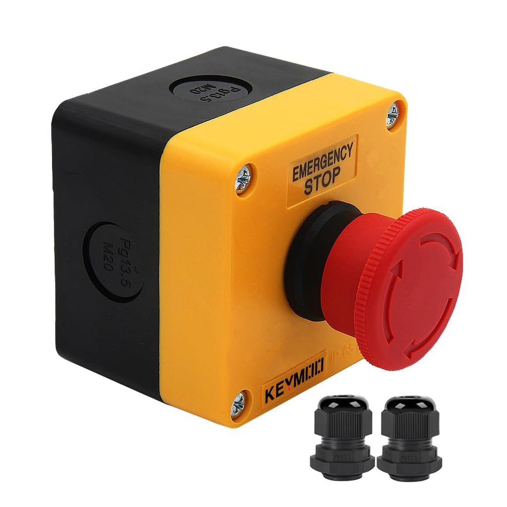 Emergency Stop Push Button Switch,1NC 10A 660V with Waterproof Box IP65, 2pcs PG13.5 Black Connectors (1)