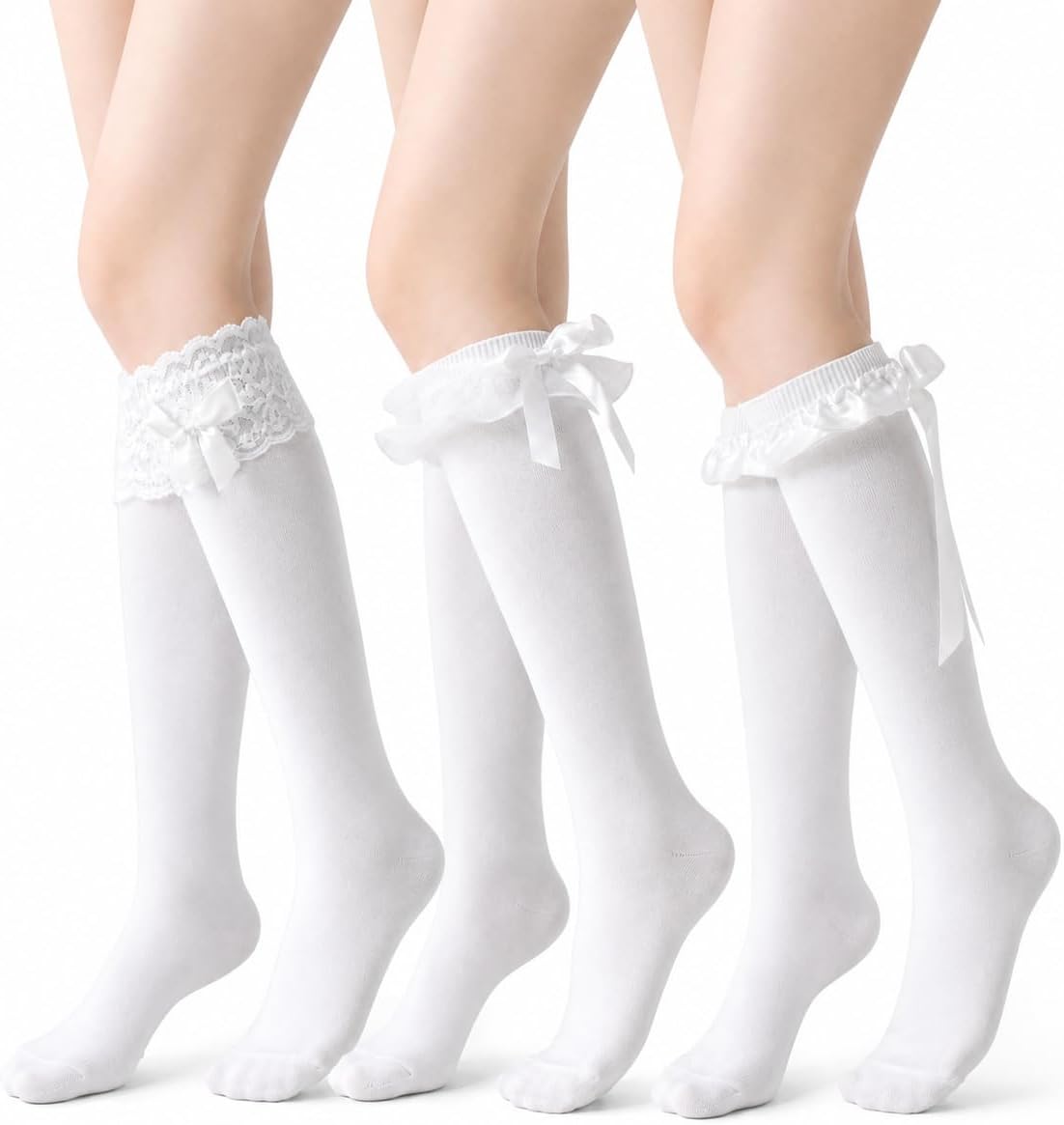 3 Pairs Womens Girls Knee High Socks, White Boot Socks