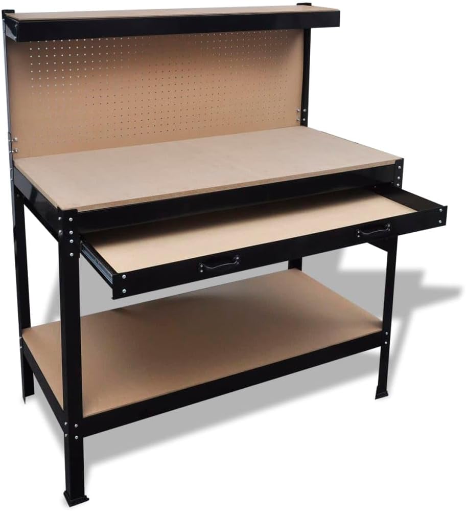 Steel Workbench with Pegboard, Large Drawer and Bottom Shelf for Garage Workshop, Heavy Duty Tool Storage Table, Brown