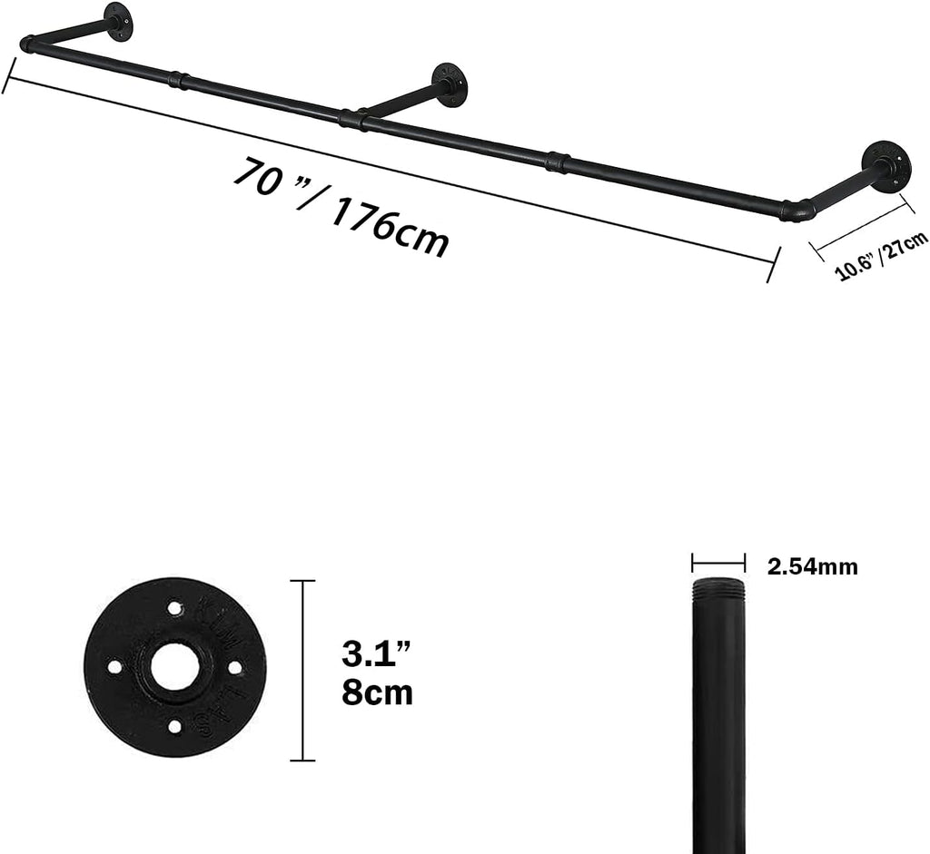 70" Wall Mounted Clothes Rack, Closet Rods for Hanging Clothes