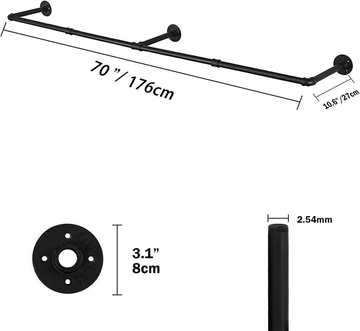70" Wall Mounted Clothes Rack, Closet Rods for Hanging Clothes