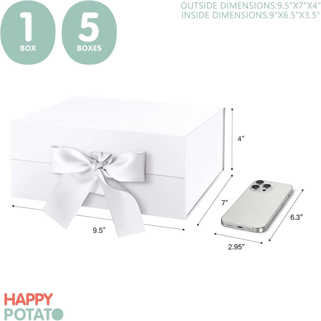 White Magnetic Gift Box with Lid and Ribbon 9x6.5x3.8 Inch