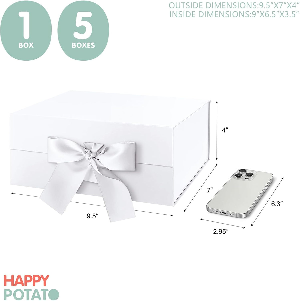 White Magnetic Gift Box with Lid and Ribbon 9x6.5x3.8 Inch