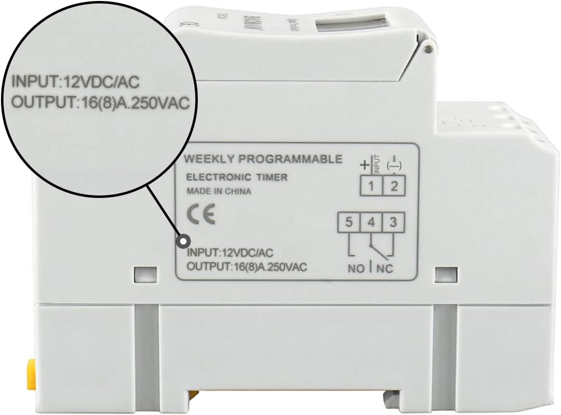 BAOMAIN 12V AC/DC Digital Programmable Timer Switch 16A DIN Rail Mount
