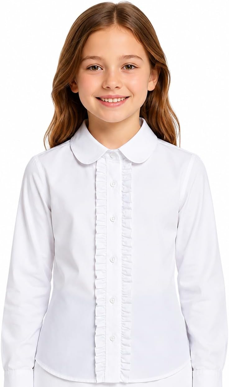 Girl White Ruffle Blouse: Wrinkle-Free School Uniform | Long Sleeve Cotton Collared Dress Shirt, No See-Through