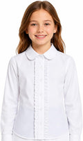 Girl White Ruffle Blouse: Wrinkle-Free School Uniform | Long Sleeve Cotton Collared Dress Shirt, No See-Through