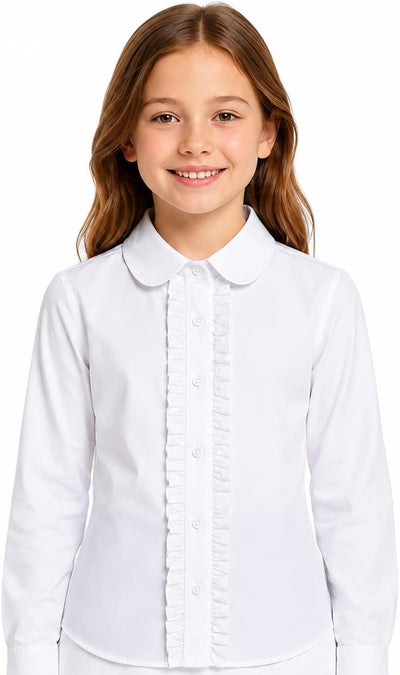 Girl White Ruffle Blouse: Wrinkle-Free School Uniform | Long Sleeve Cotton Collared Dress Shirt, No See-Through