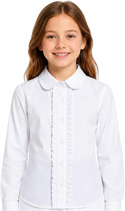 Girl White Ruffle Blouse: Wrinkle-Free School Uniform | Long Sleeve Cotton Collared Dress Shirt, No See-Through