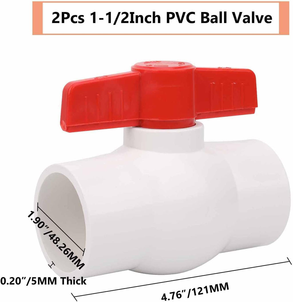 2Pcs 1-1/2" PVC Ball Valve Water Pipe Shut-off Valve Socket with Red T-Handle for Cold Water Supply lines, Irrigation Pipe fitting System(Socket x Socket), Schedule 40