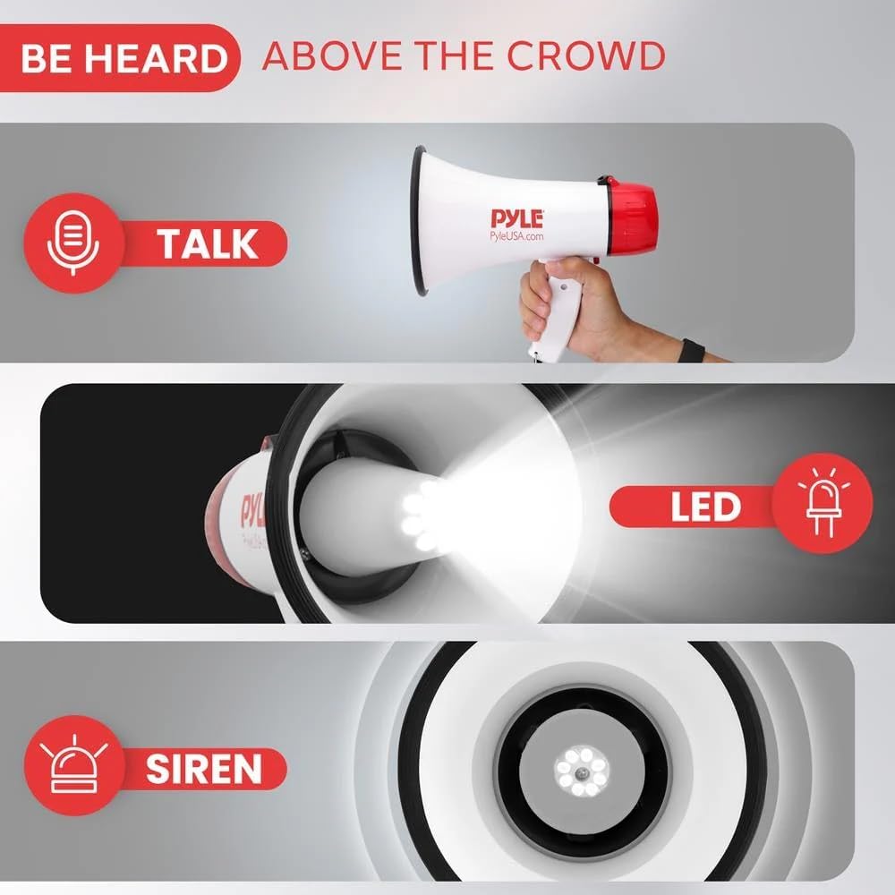 30W Megaphone Bullhorn with Built-in Siren, LED Lights, Adjustable Volume Control, 800-Yard Range, Lightweight &