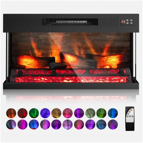 36 Inch 3-Sided Glass Electric Fireplace Insert, Electric Fireplace Heater with Remote Control, Wall Mounted and