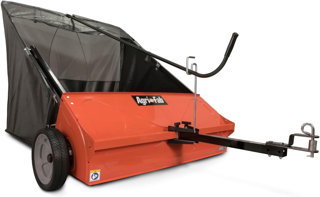 44 In Tow-Behind Lawn Sweeper with 28 Cu Ft Flow-Through Hopper Bag, Adjustable Brush Height, and Dump From Seat Handle