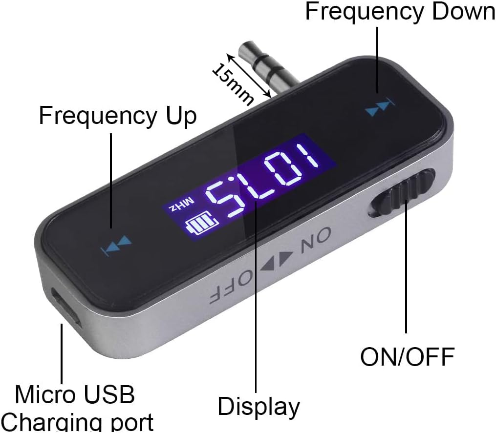 FM Transmitter Audio Adapter Car Kit, Wireless in-Car Radio Transmitter Built-in 3.5mm Aux Port for Cars iPhone 6s 5