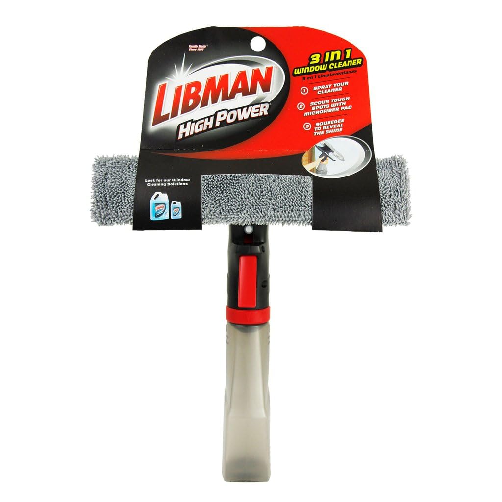 Libman 3-in-1 Window Squeegee Spray Tool – Spray Bottle with Microfiber Scrubber and Rubber Blade – All-in-One Glass