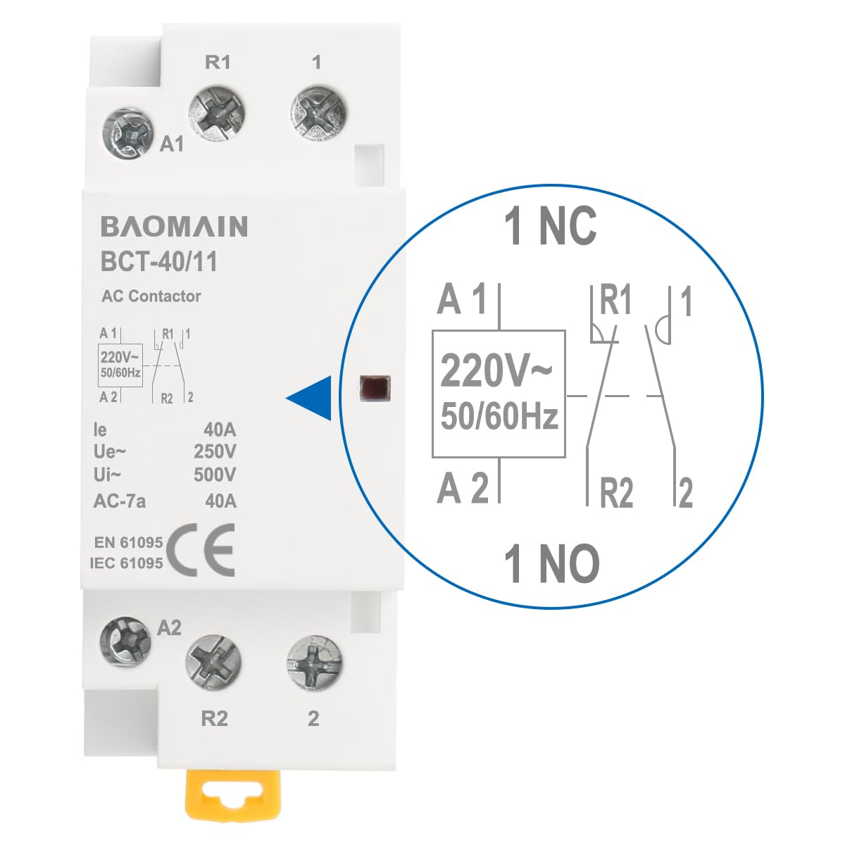 BAOMAIN 220V AC 2-Pole 40A Modular Contactor, 1NO1NC, DIN Rail Mount