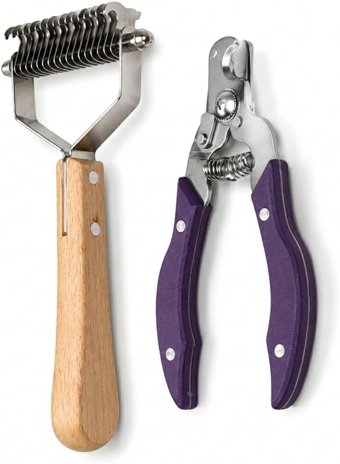 Pet Dematting Rake and Nail Clippers Set - Professional 2-in-1 Undercoat Deshedding Tool with Solid Wooden Handle &