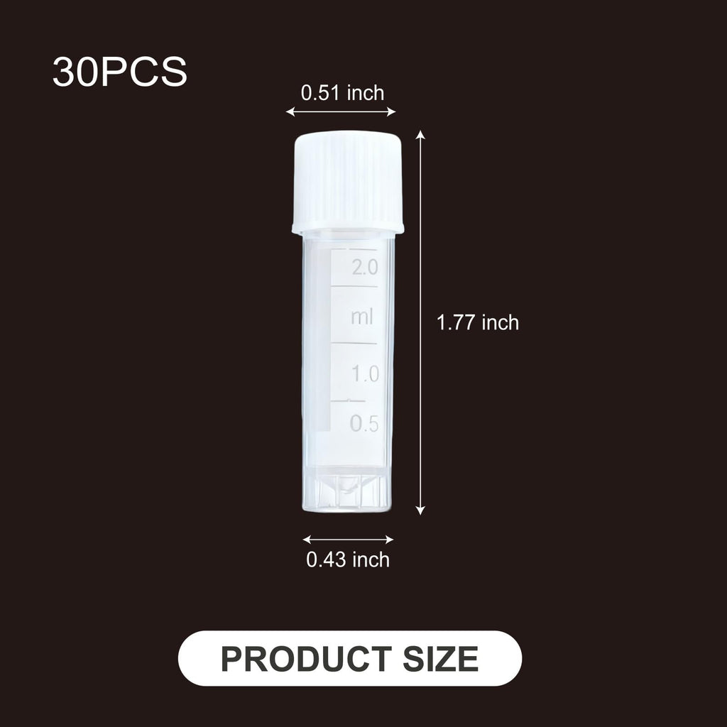 30Pcs 2ml Vial Plastic Small Tubes with Screw Caps Clear Mini Vials with Top Cap for Lab Sample Storage Plastic Test