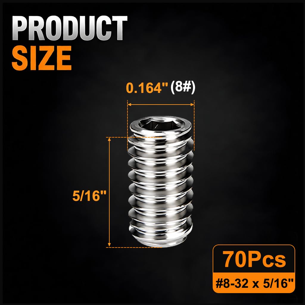 70Pcs #8-32 x 5/16" Set Screws, Hex Socket Grub Screws with Cup Point