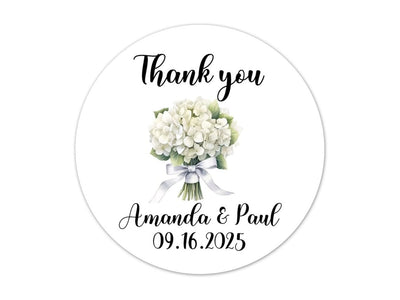 White Hydrangea Wedding Thank You Stickers for Birthday and Shower Party Favors, Envelope Seals 3-inch Round, Pack of
