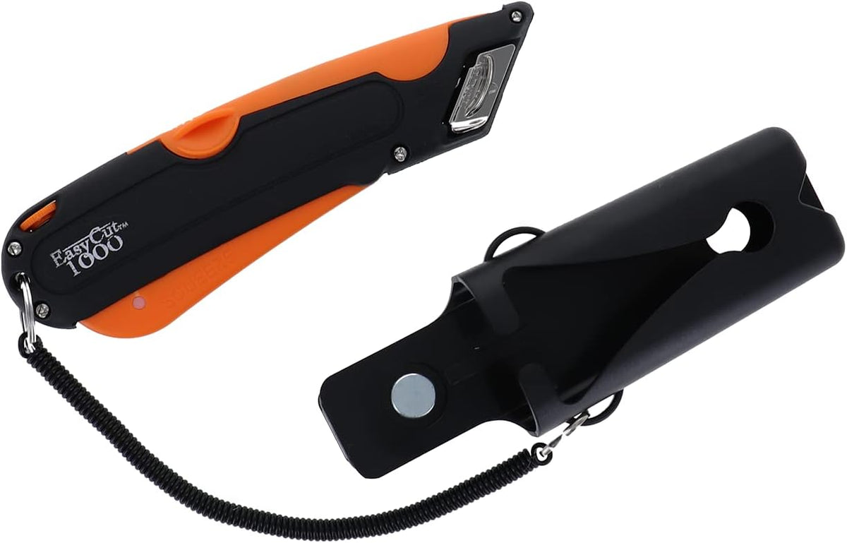 Modern Box Cutter, 3 blade depth setting, Squeeze Trigger and Edge Guides, Holster, Lanyard, Extra Blade - 1000 Orange