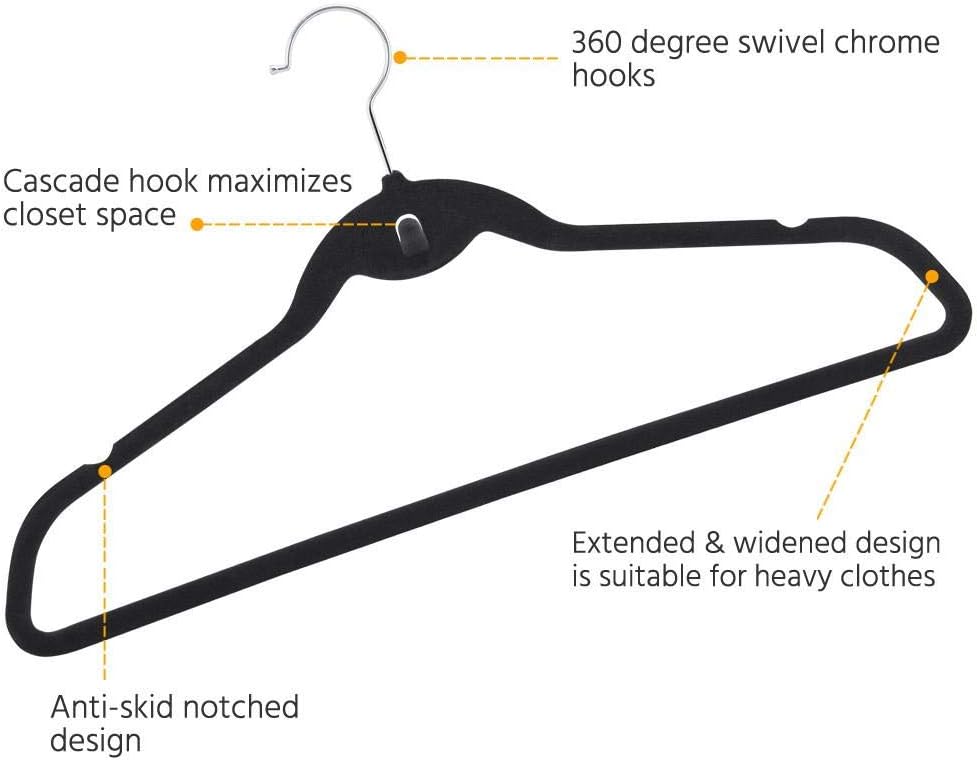 100 Pack Velvet Hangers, Non-Slip Cascading Design, Swivel Hook | 360° Swivel Hook: Easily adjust hanging direction