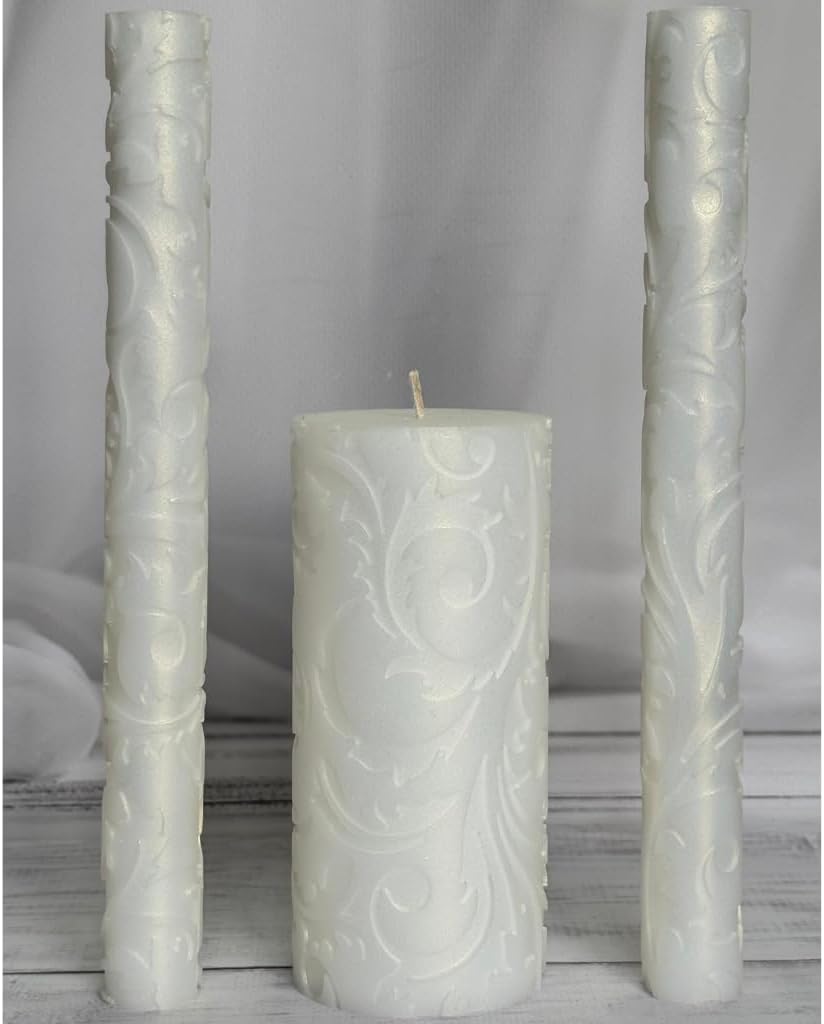 Ivory Baroque Unity Candle Set for Wedding Ceremony & Reception, Embossed White Handmade Wedding Candles, Unscented