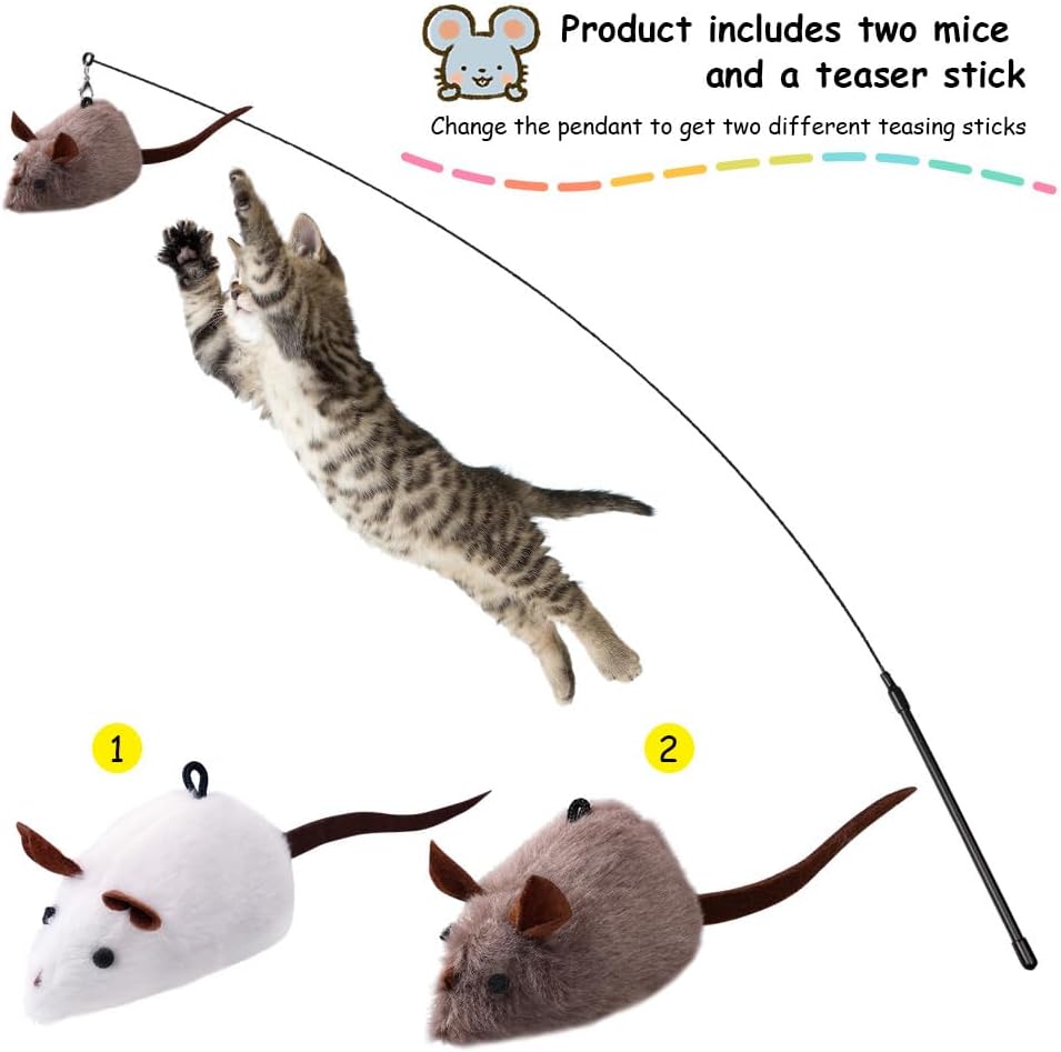 Cat Wand Toy, Mouse 2-piece Catnip wzggle Sound Toy, Soft and Durable, Interactive cat kick for Indoor Games