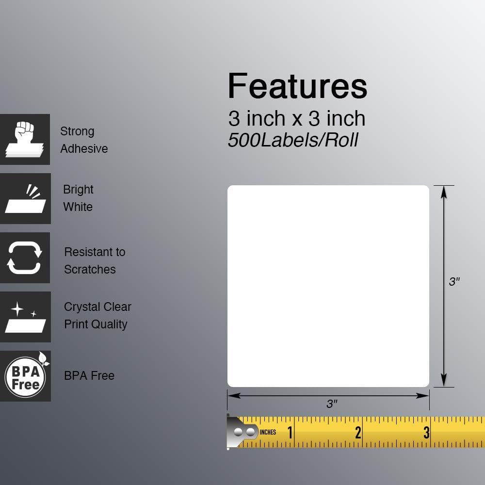 3" x 3" (76 mm x 76 mm) Square Thermal Labels, [10 Roll/5000 Label]