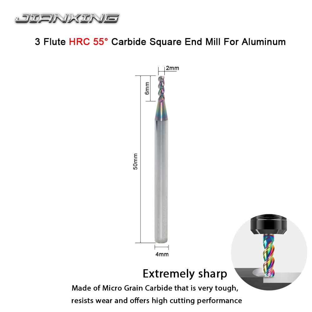 2mm Carbide Square End Mill, 3-Flute, DLC Coating, 3 Pcs