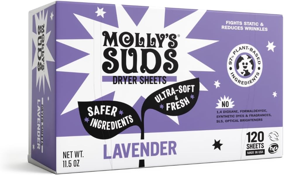 Fabric Softener Dryer Sheets for Sensitive Skin | Plant-Based Static Reducer, Plastic-Free Packaging | Lavender (120