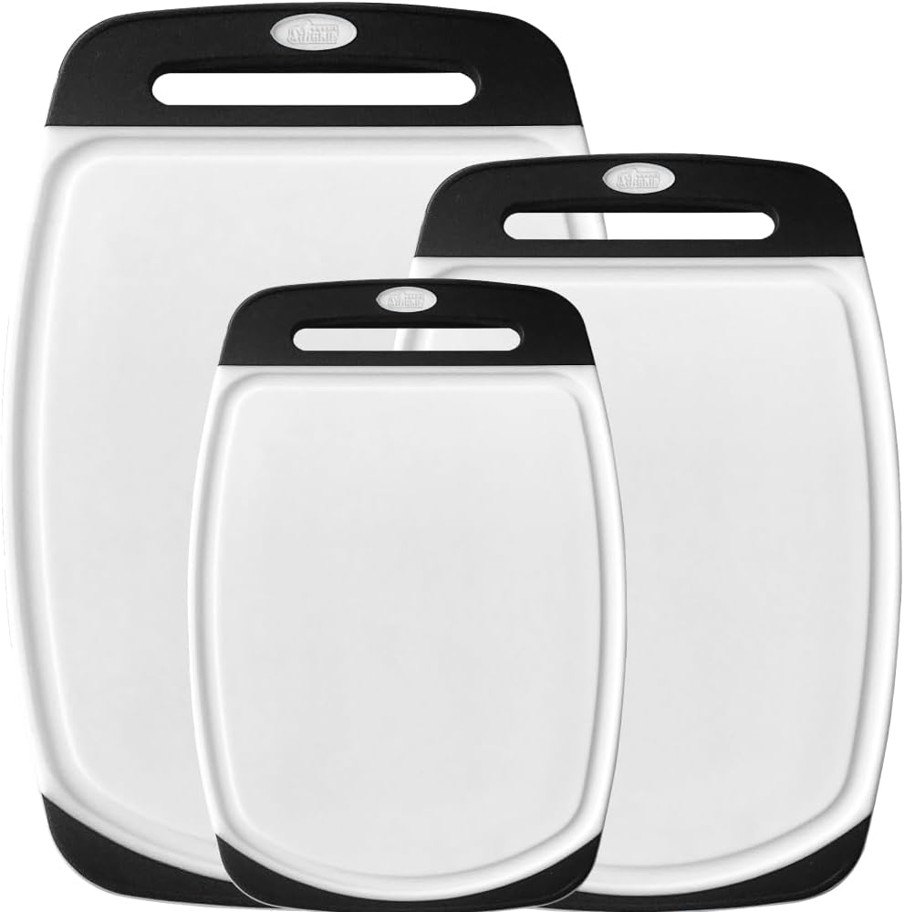 BPA-Free Reversible Kitchen Cutting Board Set of 3, US Designed, Nonporous, Juice Grooves Catch Liquid, Slip