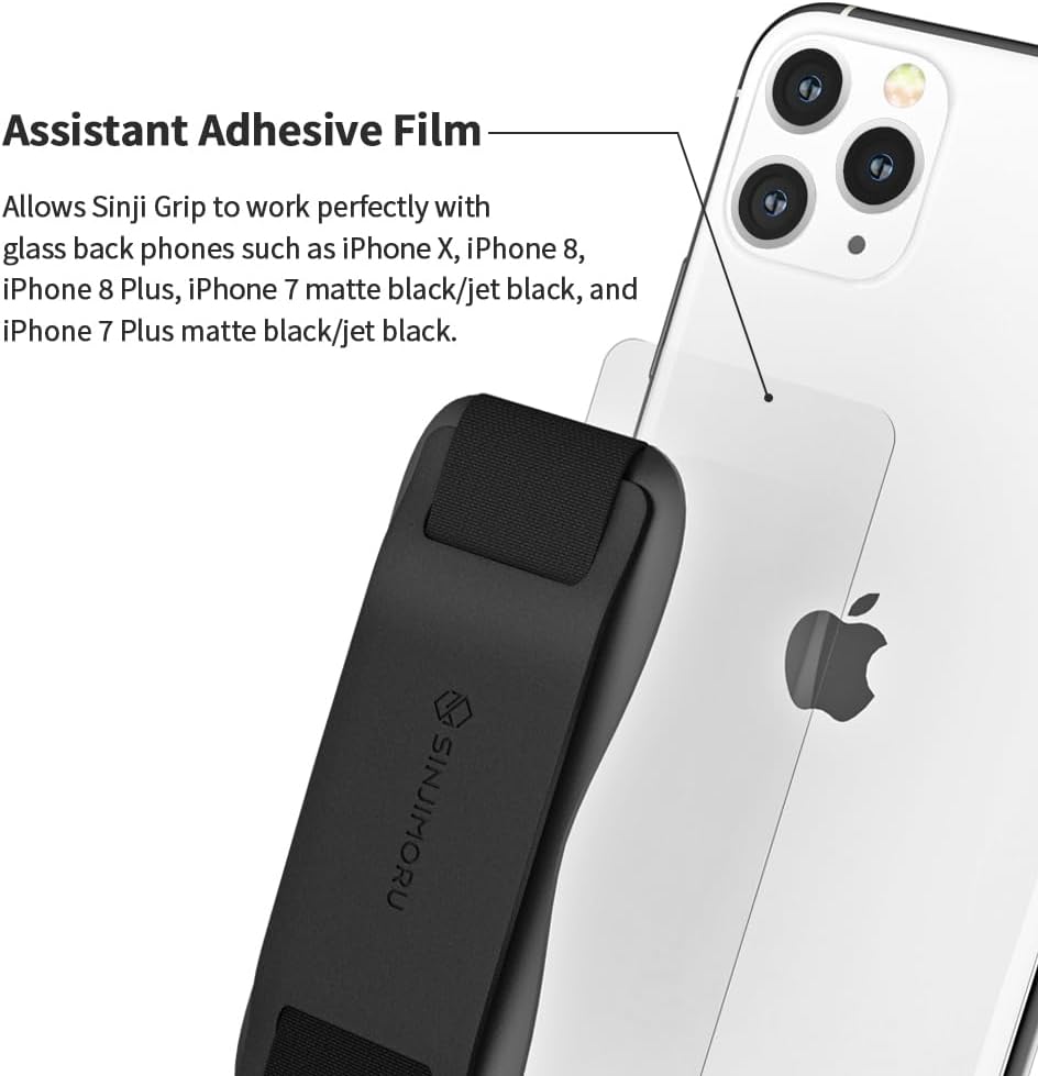 Phone Grip with Silicone Band, Holder & Kickstand, Black | Sinji Grip Silicone, adhesive finger strap for