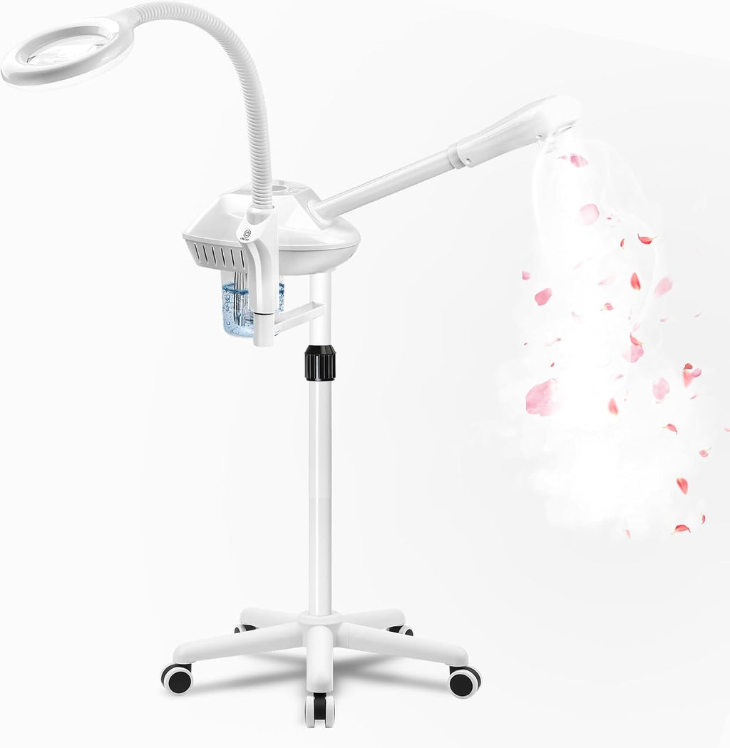 Professional Facial Steamer with 5X Magnifying Lamp,White | Ozone face steamer on wheels,deep cleansing and hydration