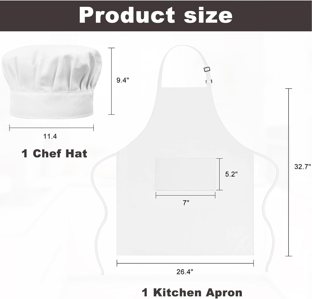 Chef Apron and Hat Set, Chef Hat and Kitchen Apron with Front Pockets for Adult