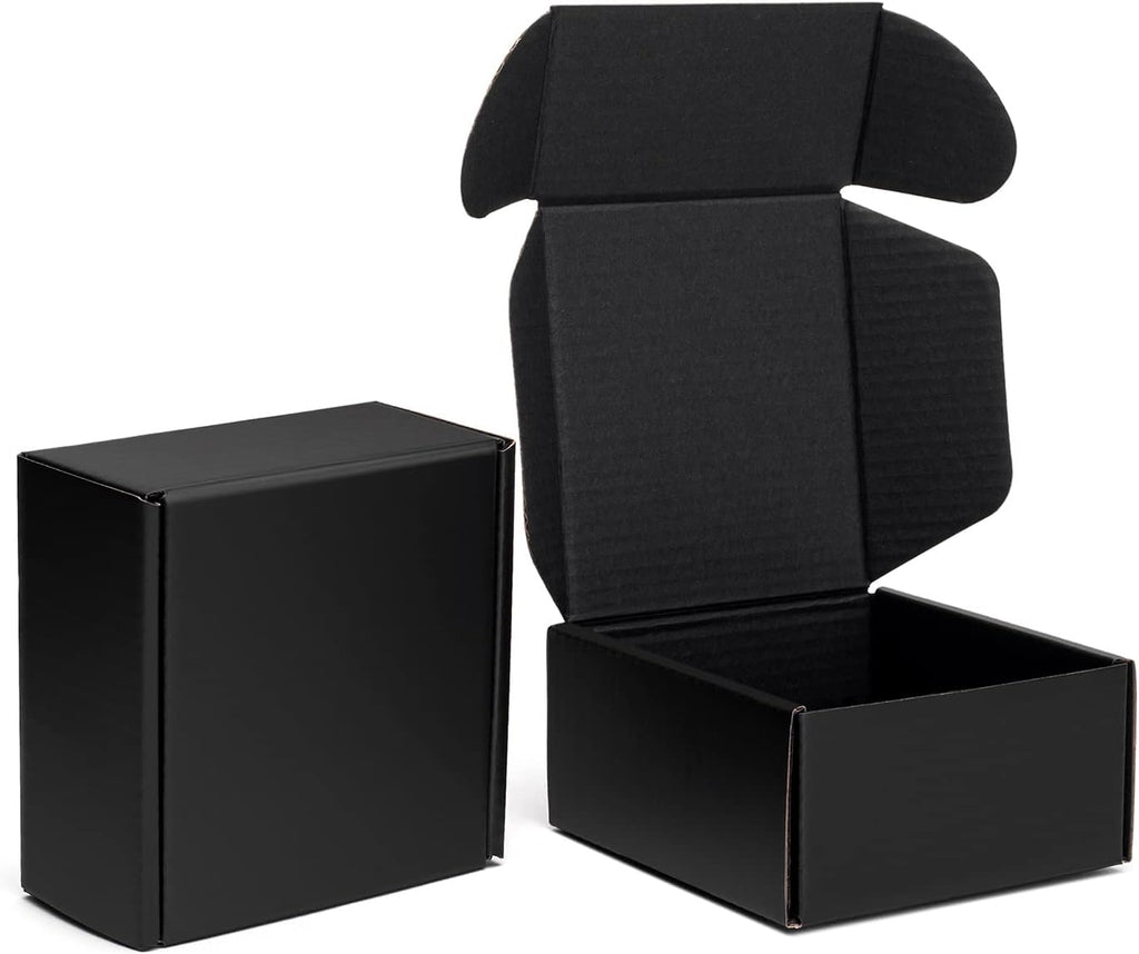 4x4x2" Black Shipping Boxes Small Corrugated Cardboard Box 24 Pack | Tab Locking Literature Mailer Flat Empty Gift