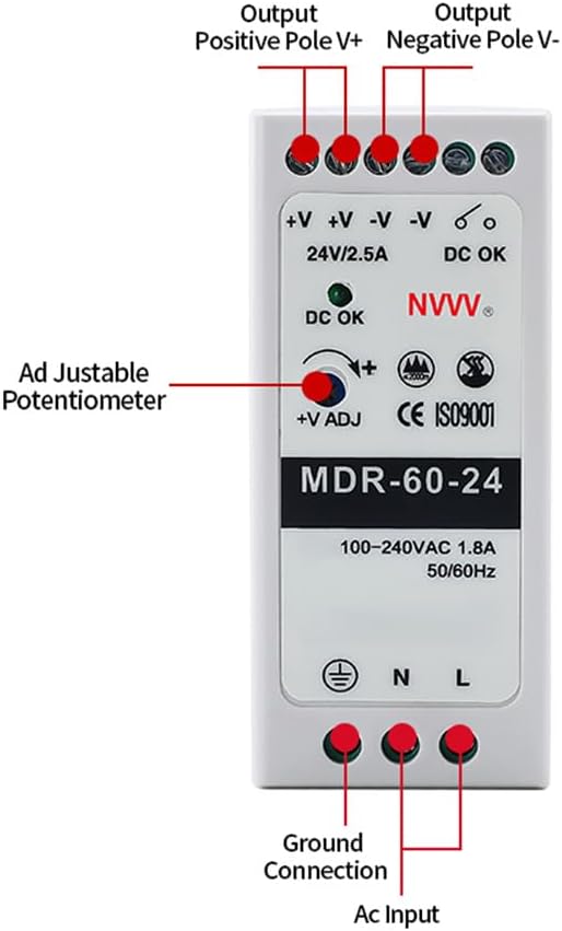 MDR-60-24 AC to DC DIN-Rail Power Supply 24V 2.5 Amp 60W