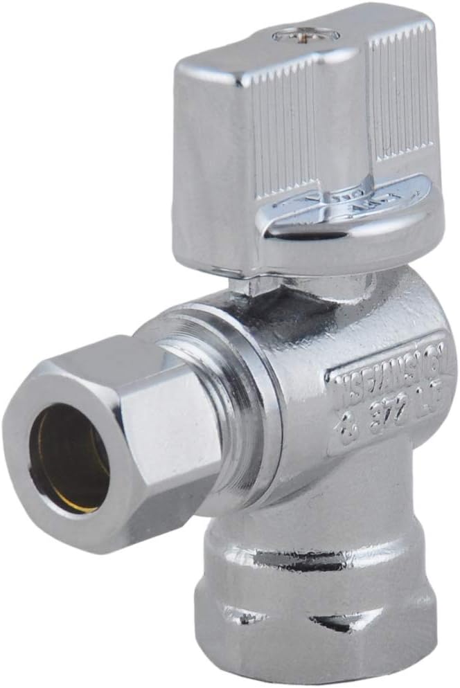 Valve- 1/4 Turn Angle Stop Valve 3/8-in FIP Iron Pipe x 3/8-in OD Compression,Quarter Turn LF Chrome Plated Brass