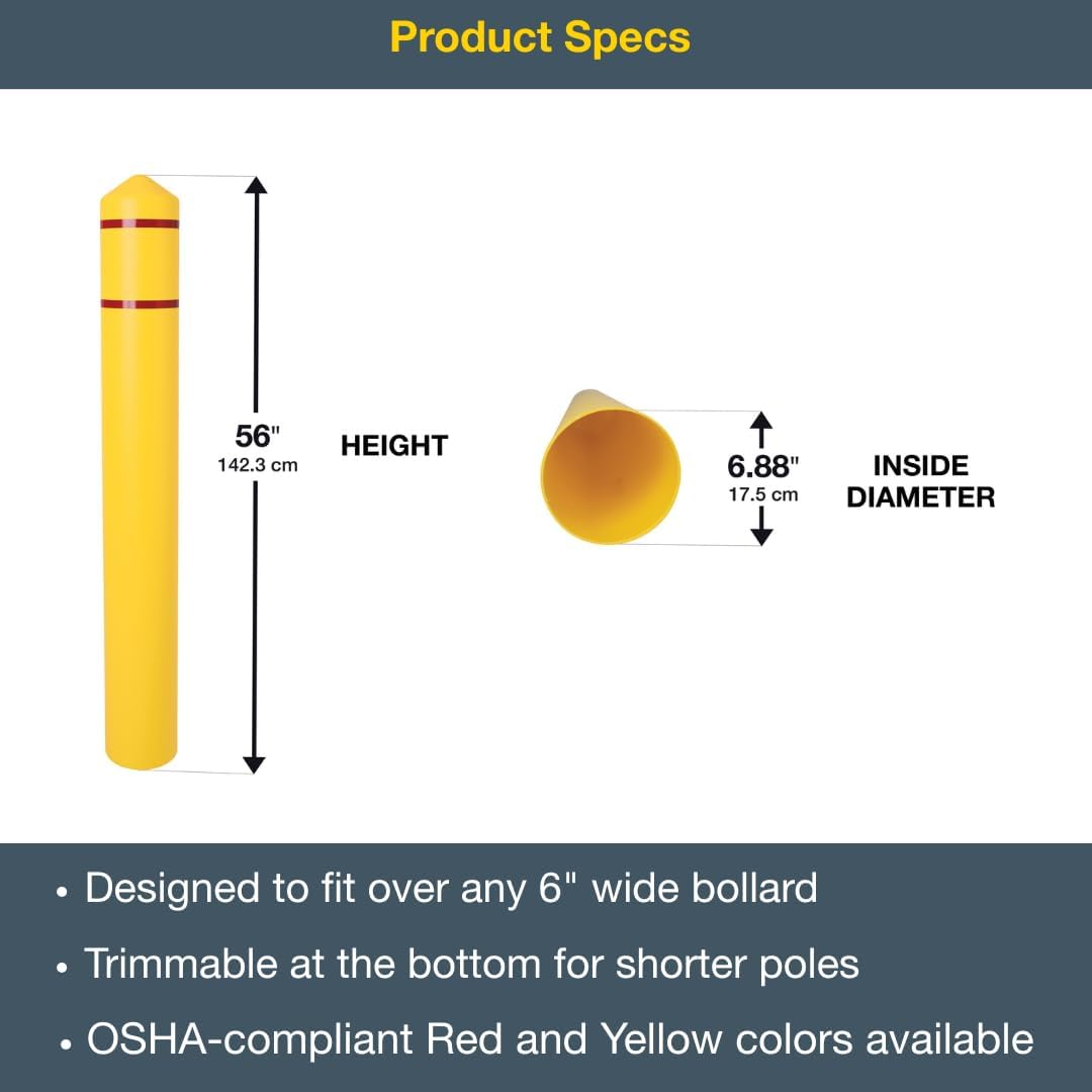 Bollard Covers for 6 Inch Poles - 56" Tall Bollard Post Sleeve | Durable Smooth HDPE Plastic - Trimmable Yellow
