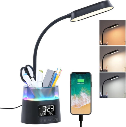 LED Kids Desk Lamp, Dimmable Study Lamp for Home Office Desk Accessories, with Pen Holder & Clock, USB Charging Port