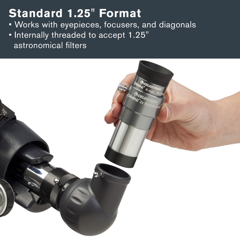 Omni 1.25" 2X Barlow Lens for Telescope Eyepieces Threaded Barrel | Doubles Eyepiece Magnification, Fully