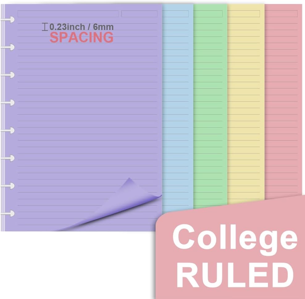 Junior Size TUL Discbound Lined Refill Paper, 8-Disc Disbound Insert, 5 Colors(20 Sheets/Color), Total 100Sheets /
