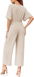 Women's Elegant V Neck Jumpsuits Dressy Casual Short Sleeve Wide Leg Long Pants Rompers