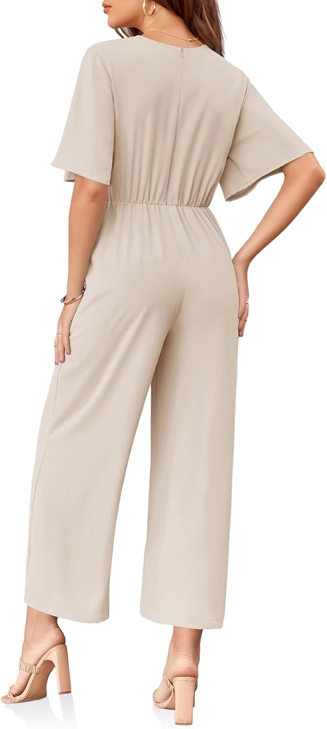 Women's Elegant V Neck Jumpsuits Dressy Casual Short Sleeve Wide Leg Long Pants Rompers