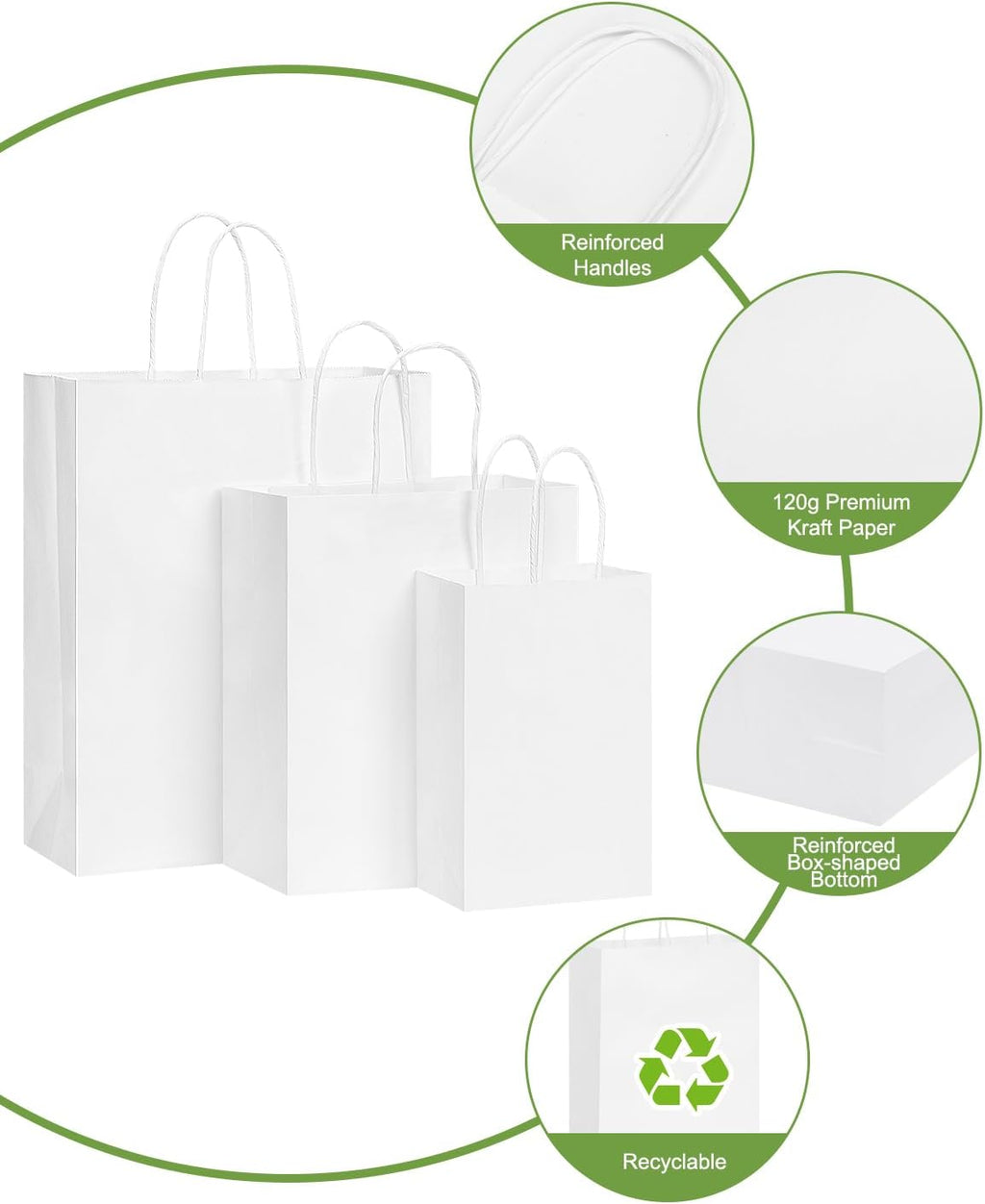 100pcs White Paper Bags with Handles Bulk, Gift Bags Assorted Sizes