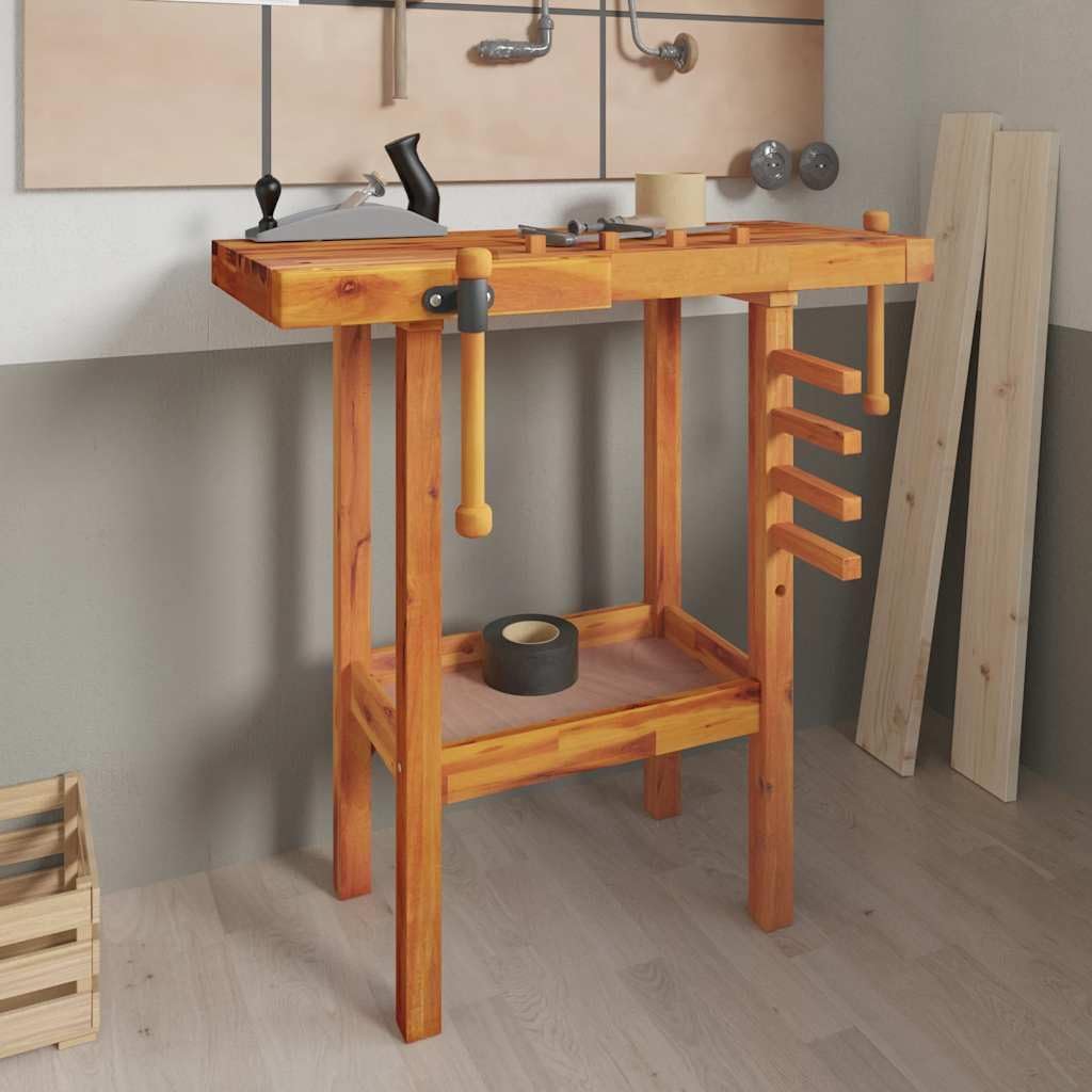 Workbench with Vices, Solid Wood Acacia Garage Work Station, 36.2x18.9x32.7 Inch Heavy Duty Workshop Table with