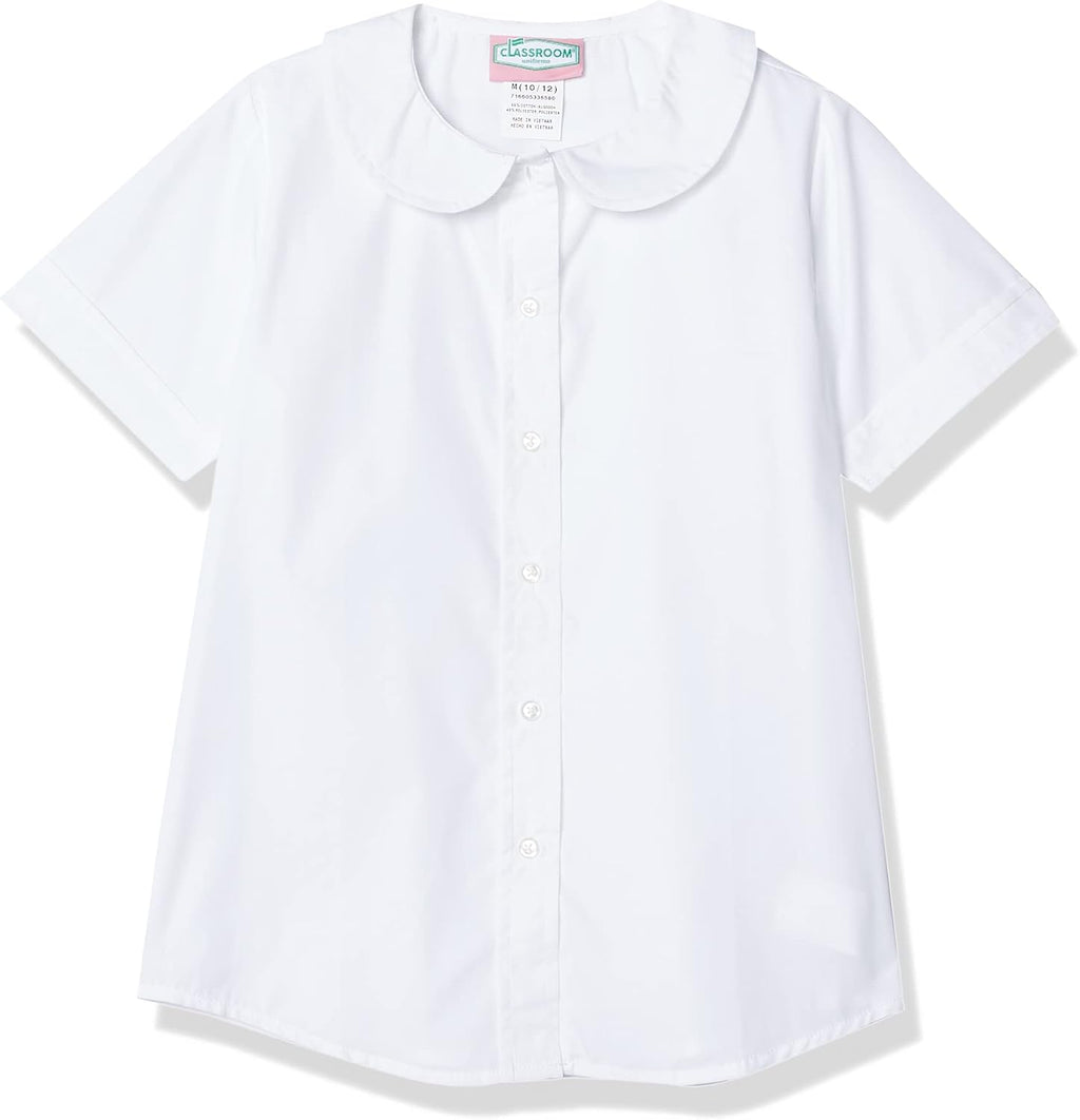 Classroom Uniforms Girls Short Sleeve Peter Pan Collar Blouse, White Button Front School Uniform Shirt