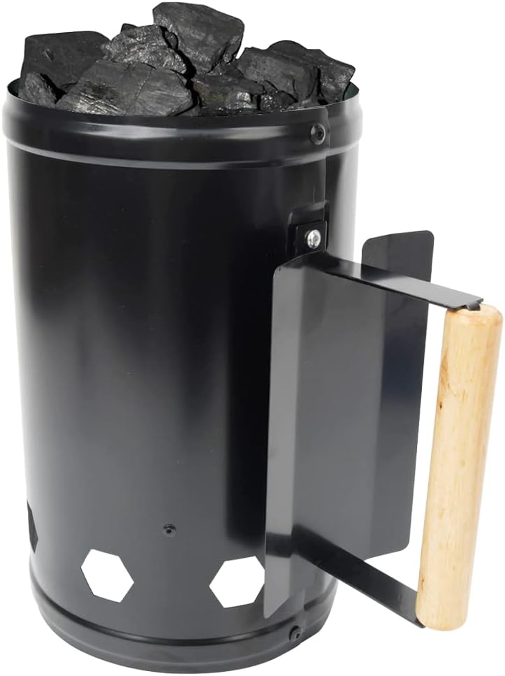 Charcoal Chimney Starter for Outdoor Cooking Barbecue BBQ Quick Rapid Fire Briquette Starters Can Black with Wooden