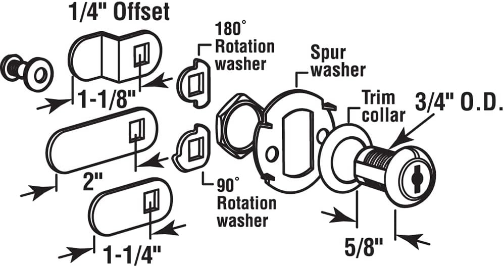 U 9941 Diecast Drawer and Cabinet Lock, 3 Cams, Trim Collar, 2 Washers, 2 Keys and Fasteners, 5/8” Length for 5/16”