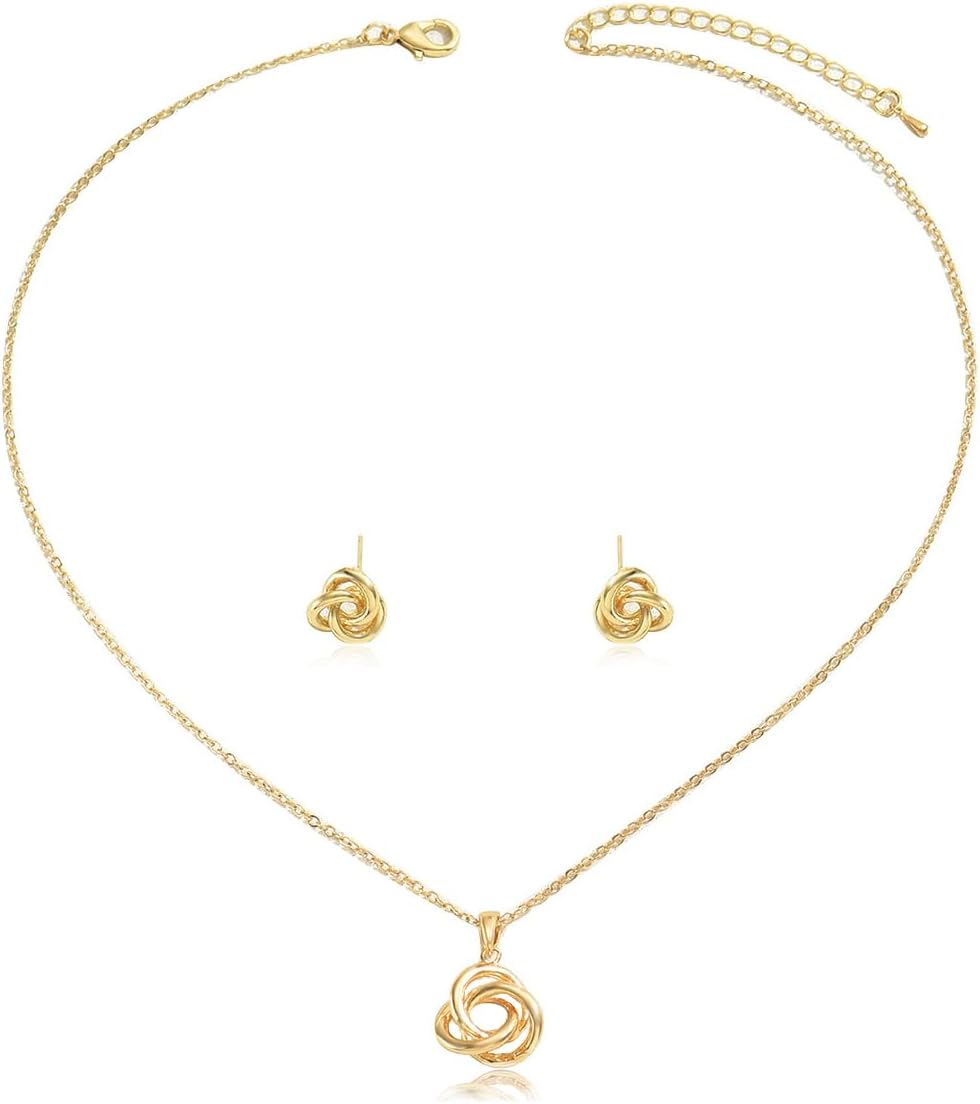 Minimalist Love Knot Stud Earrings and Necklace Jewelry Set for Women Gold-Toned Simple Circle Knot Pendant Necklaces